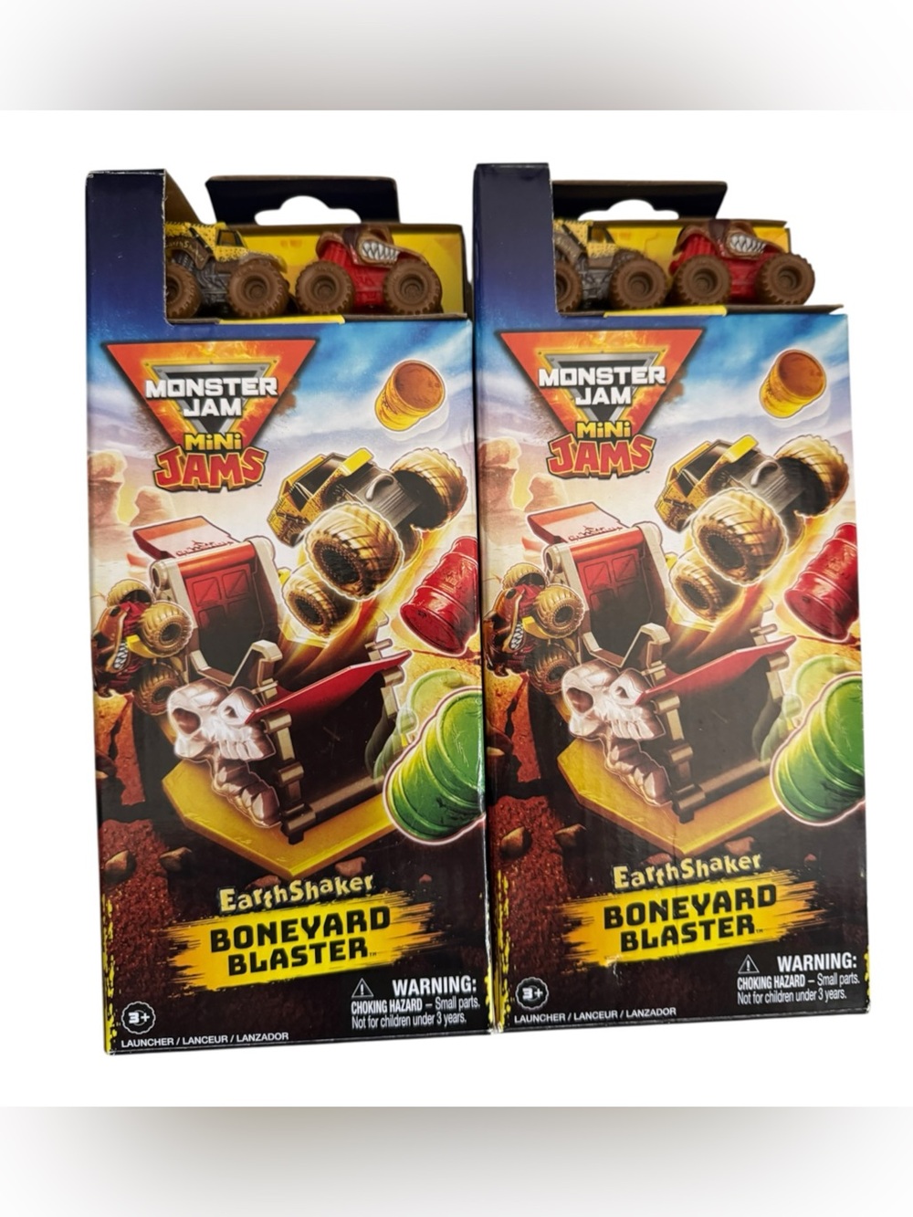 2x Monster Jam Mini Jams EarthShaker Boneyard Blaster Launcher Spin Master